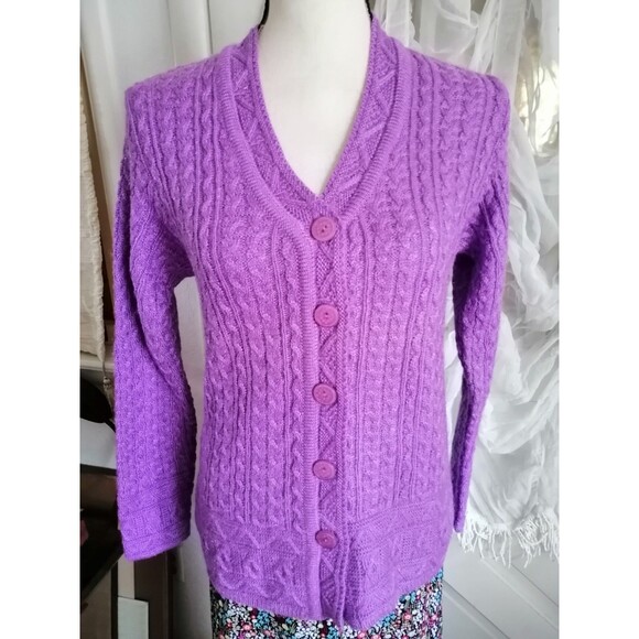 Women Cardigan Sweater Purple Cable Knit Long Sleeve Shimming - Picture 1 of 4